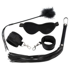 Bad Kitty Fetish Kit Samt - 4 teiliges BDSM Set mit Augenmaske, Handfessel, Peitsche und Feder-Stick, Schwarz